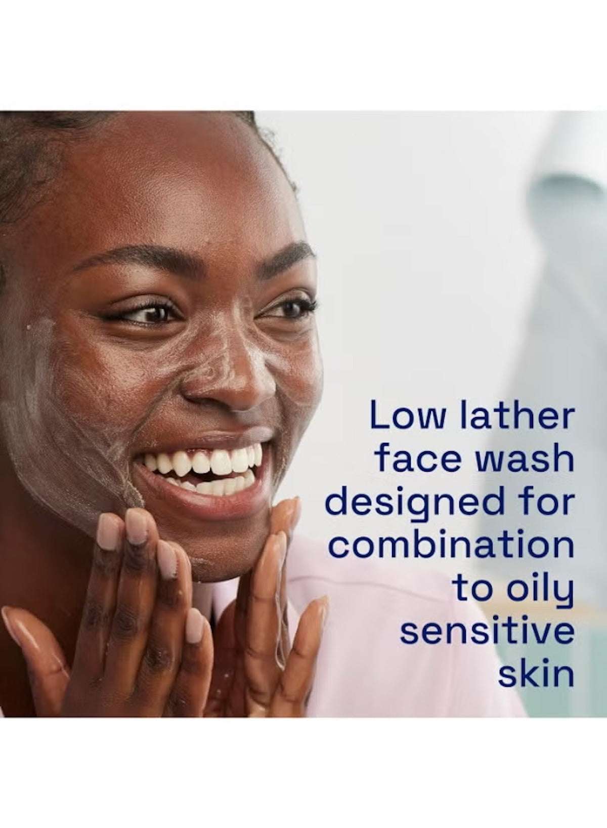 Cetaphil daily facial cleanser in use, featuring a woman washing her face with a smile, suitable for sensitive skin