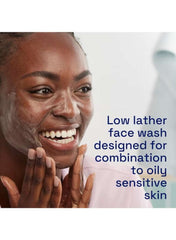 Cetaphil daily facial cleanser in use, featuring a woman washing her face with a smile, suitable for sensitive skin