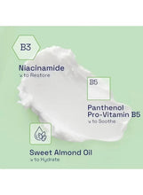 Moisturizing cream ingredient graphic showing niacinamide, panthenol B5, sweet almond oil