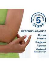 Hand spreading moisturizing lotion on arm near sensitive-skin badge
