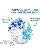Moisturizing lotion ingredient blend graphic with blue and turquoise spheres