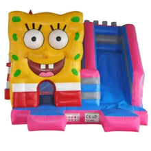 Cheese-shaped inflatable playground with cartoon face, blue slide and pink pillars.