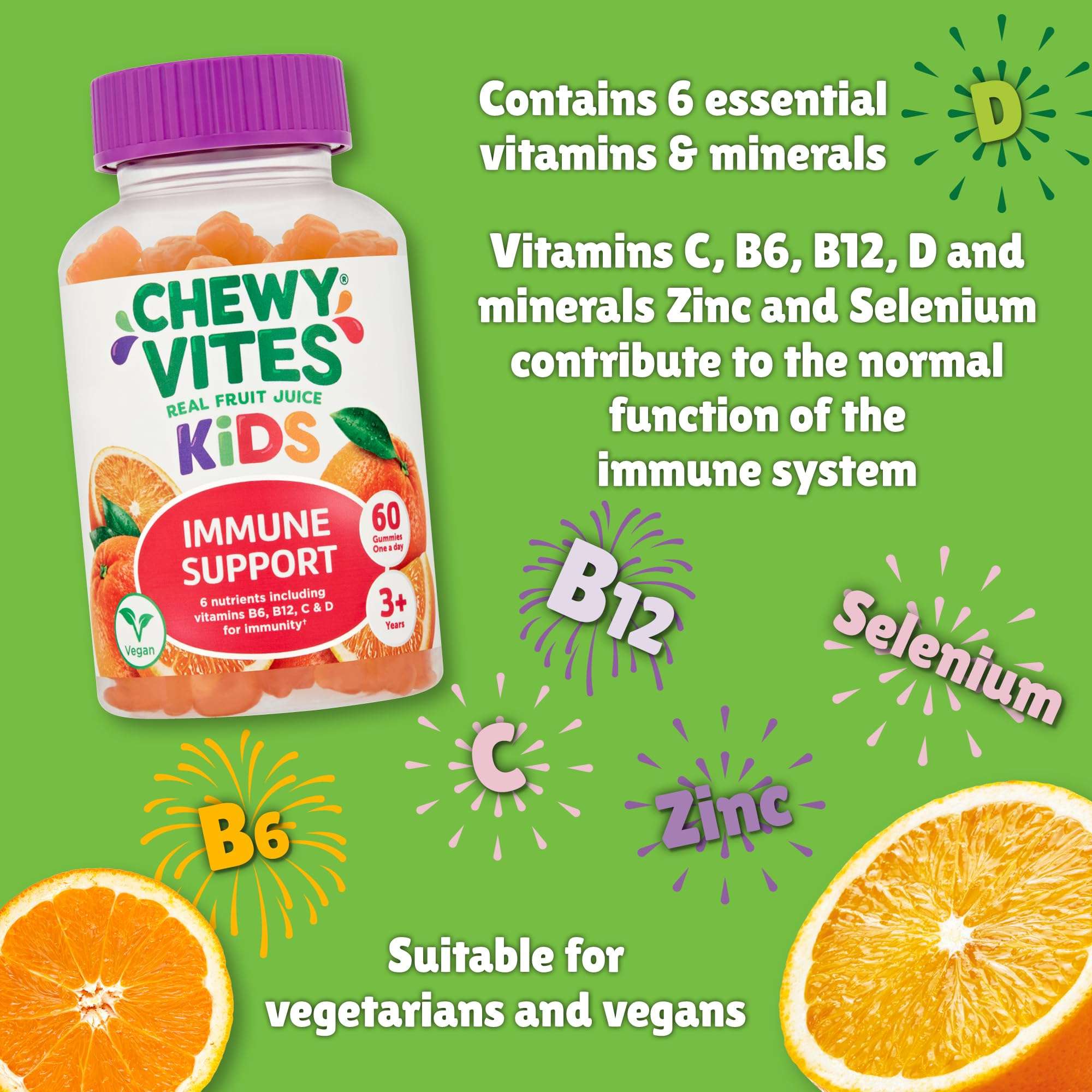 Chewy Vites Kids Immune Support gummy bottle with oranges and vitamin callouts chewy vites immune vitamins for children