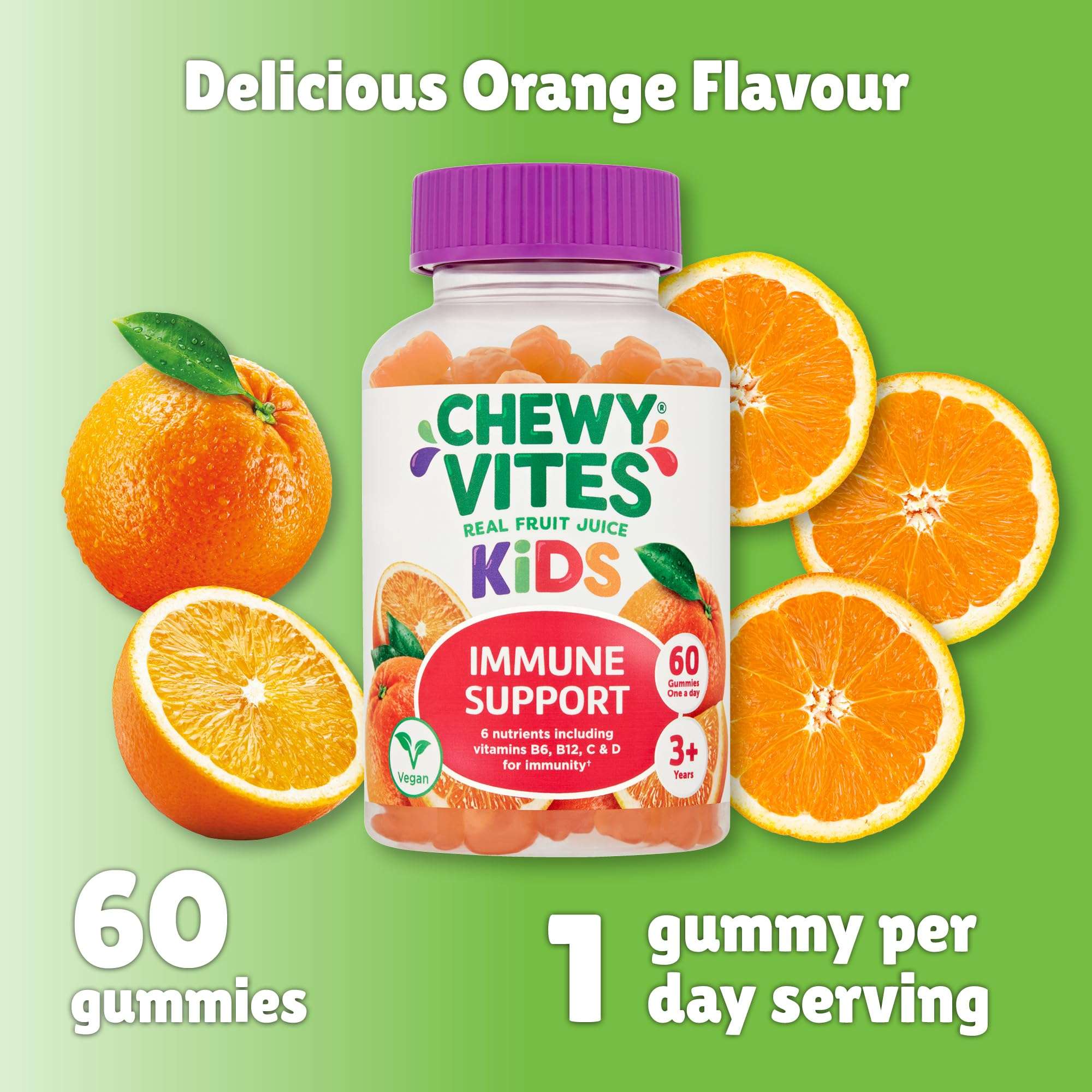 Chewy Vites Kids orange immune support gummy bottle 60 gummies 1 per day label chewy vites immune vitamins for children