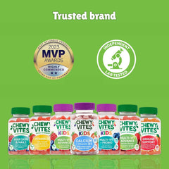 chewy vites immune vitamins for children shown as a row of colorful Chewy Vites gummy bottles with Trusted Brand badges