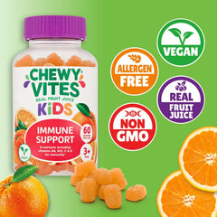 chewy vites immune vitamins for children bottle of orange gummy immune support with real fruit juice and vegan non GMO labels