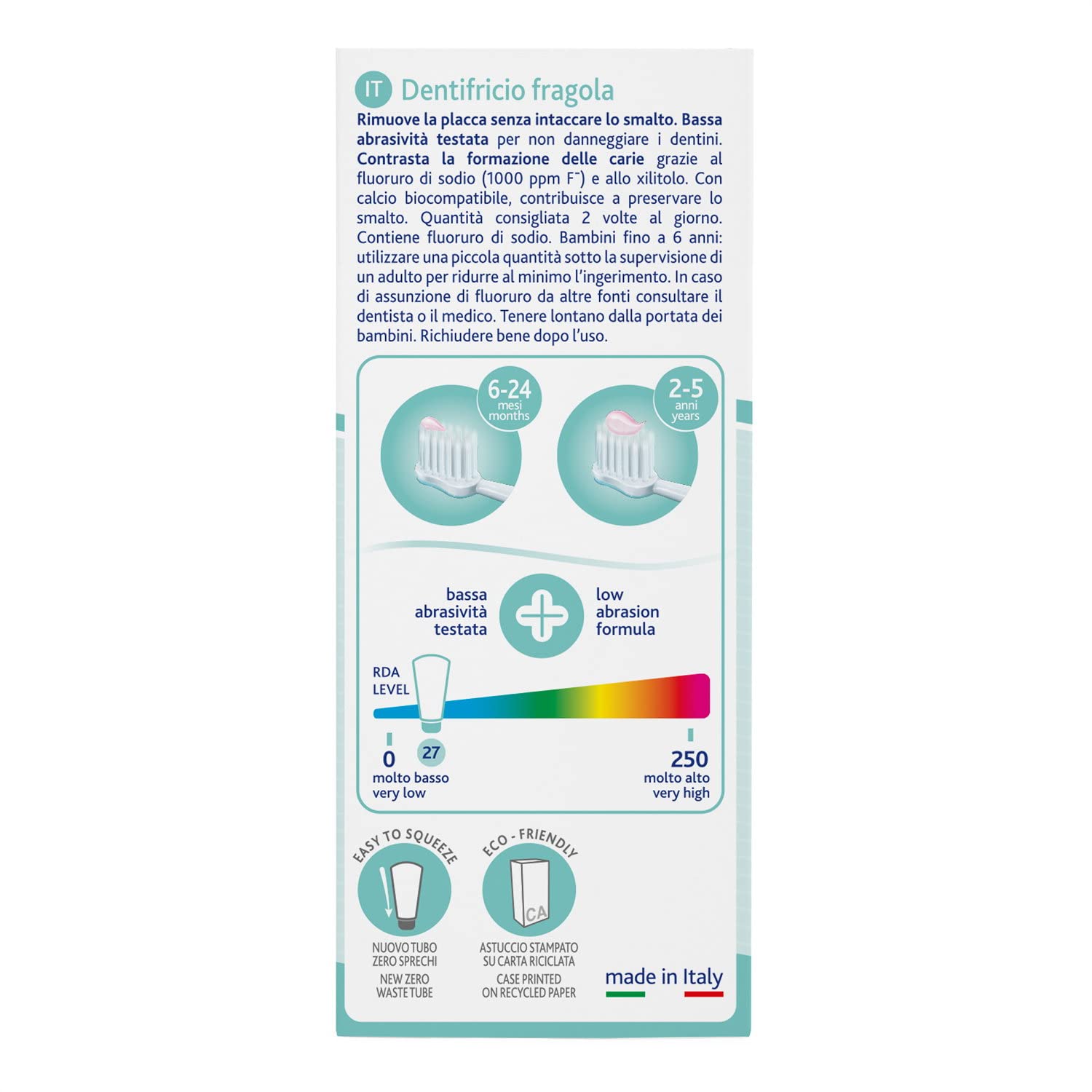 Chicco strawberry toothpaste for babies packaging back panel showing ages 6 to 24 months and 2 to 5 years low abrasion formula