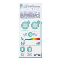 Chicco strawberry toothpaste for babies packaging back panel showing ages 6 to 24 months and 2 to 5 years low abrasion formula