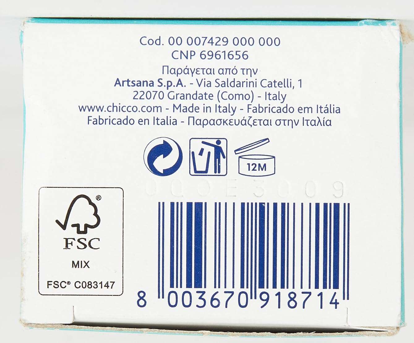 Back of box packaging showing barcode and labels for Chicco strawberry toothpaste for babies made in Italy