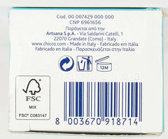 Back of box packaging showing barcode and labels for Chicco strawberry toothpaste for babies made in Italy