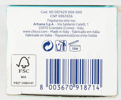Back of box packaging showing barcode and labels for Chicco strawberry toothpaste for babies made in Italy