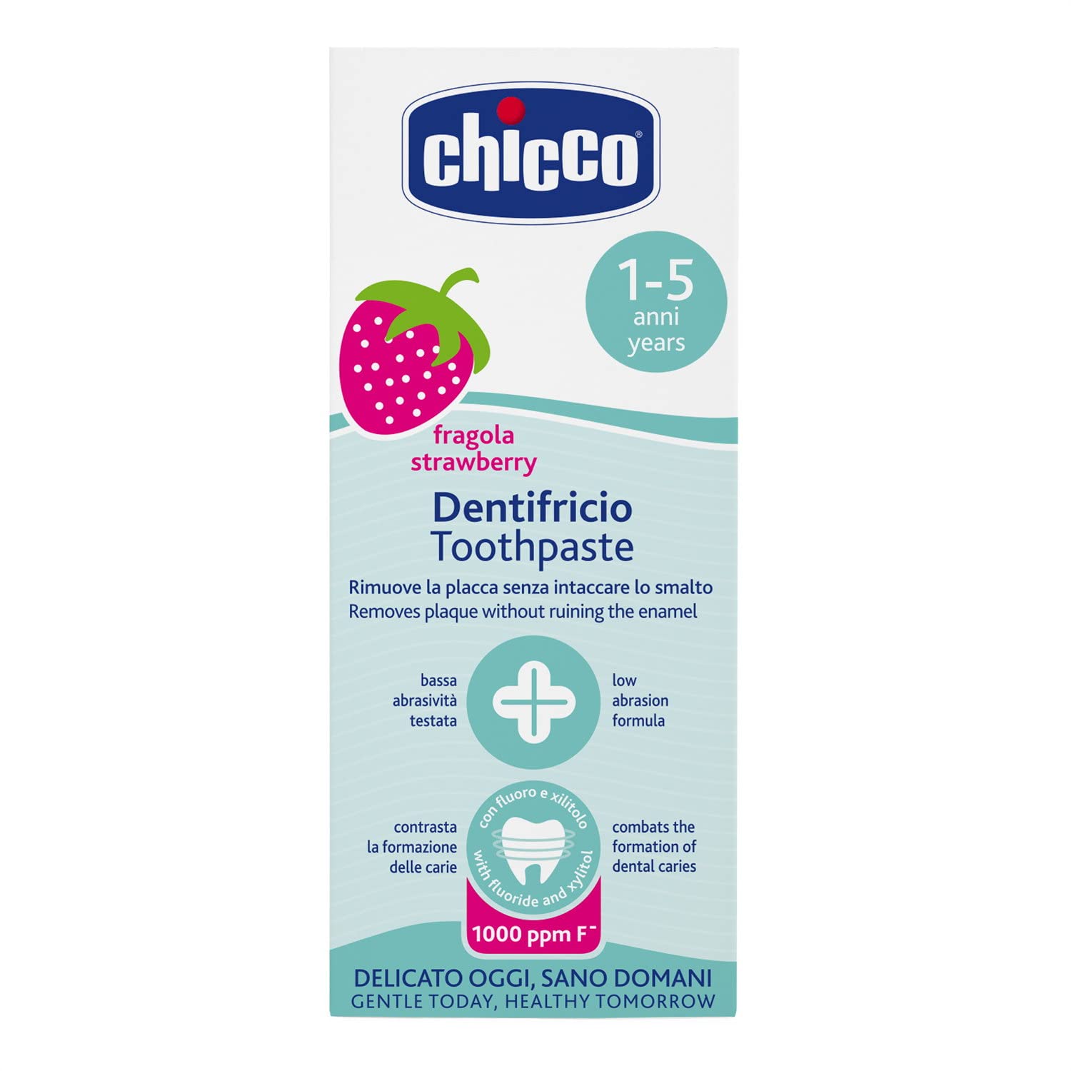 Chicco strawberry toothpaste for babies box for ages 1 to 5 years strawberry flavor low abrasion gentle formula