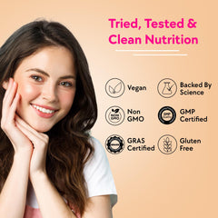 CHICNUTRIX skin glow effervescent tablets ad showing smiling woman with icons for vegan non GMO GMP gluten free
