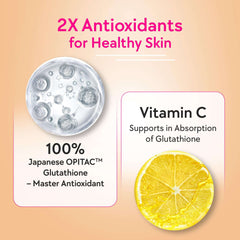 CHICNUTRIX skin glow effervescent tablets highlighting antioxidants glutathione and vitamin C with lemon image