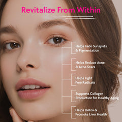 CHICNUTRIX skin glow effervescent tablets ad showing close up of glowing woman and list of skin benefits