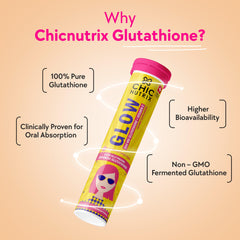CHICNUTRIX Glow tube of skin glow effervescent tablets with glutathione, pink cap and ingredient benefits
