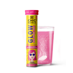 CHICNUTRIX Glow strawberry lemon tube and pink fizzy glass with skin glow effervescent tablets