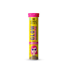 CHICNUTRIX skin glow effervescent tablets tube in yellow with pink cap and illustrated woman label