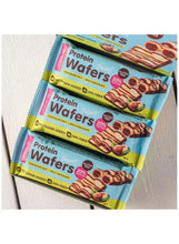 Protein wafers bar wrappers, chocolate hazelnut filling, gluten-free snack packs