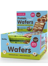 Protein wafer snack box with chocolate nut and milk chocolate hazelnut filling, gluten-free