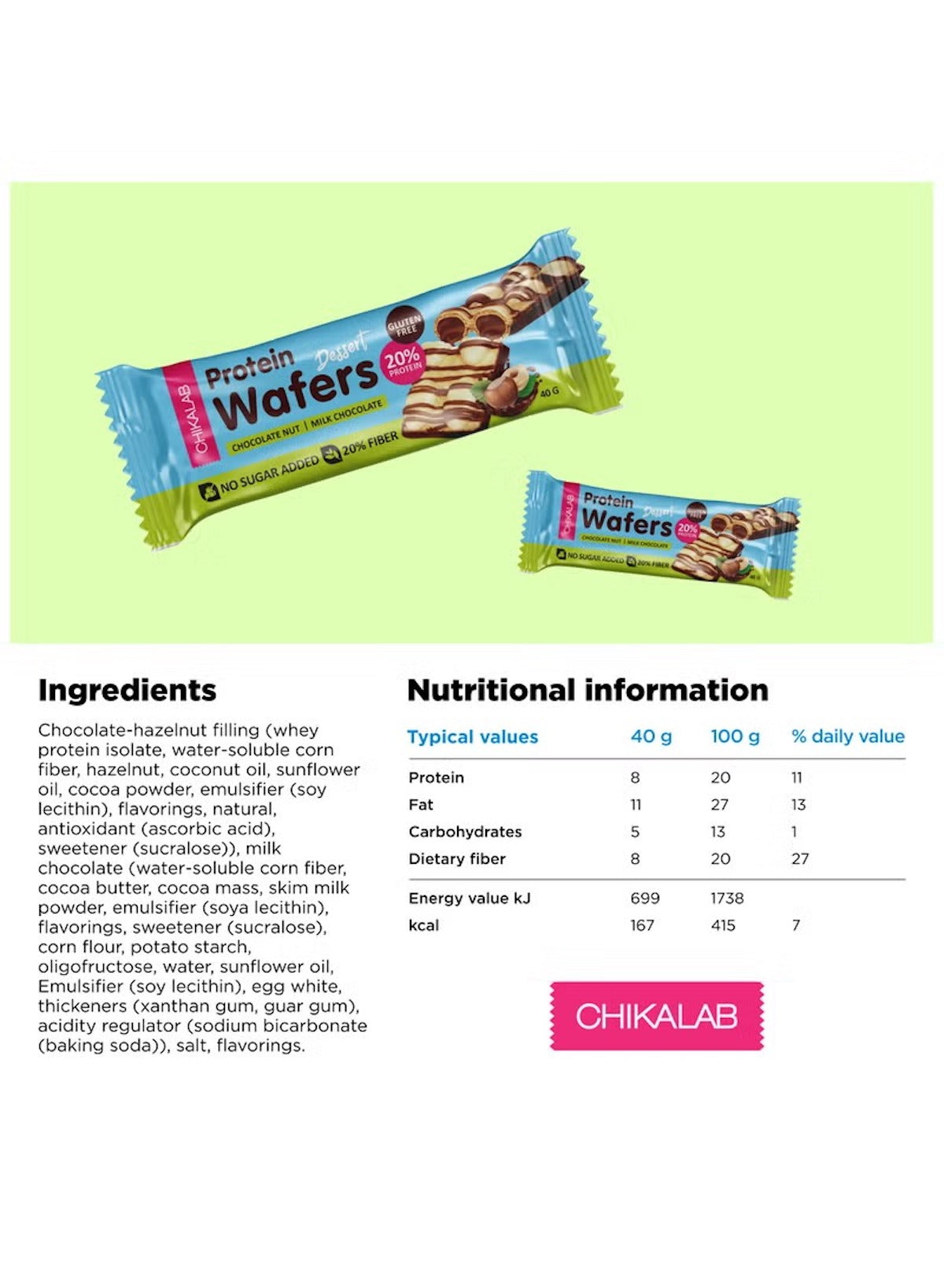 Chikalab high protein chocolate wafer UAE with chocolate-hazelnut filling and nutritional information