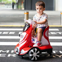 6V battery powered kids car with bubbles in red with a toddler riding outdoors on pavement