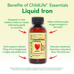 ChildLife Essentials Liquid Iron Supplement for kids in a dark berry-flavored liquid bottle
