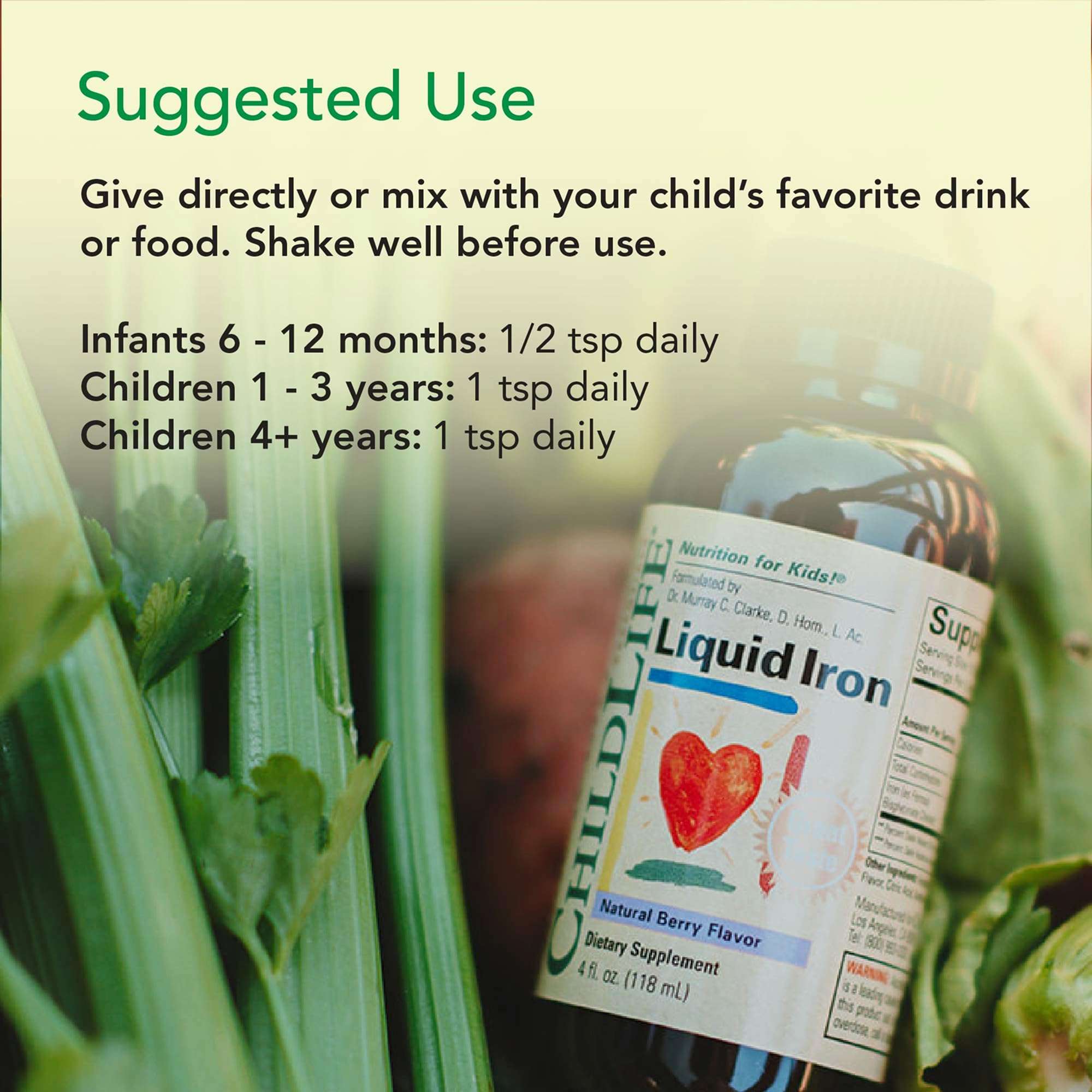 ChildLife Essentials Liquid Iron Supplement for kids in a bottle with suggested use instructions