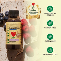 Childlife Essentials Liquid Iron Supplement for kids in natural berry flavor, gluten free and casein free.