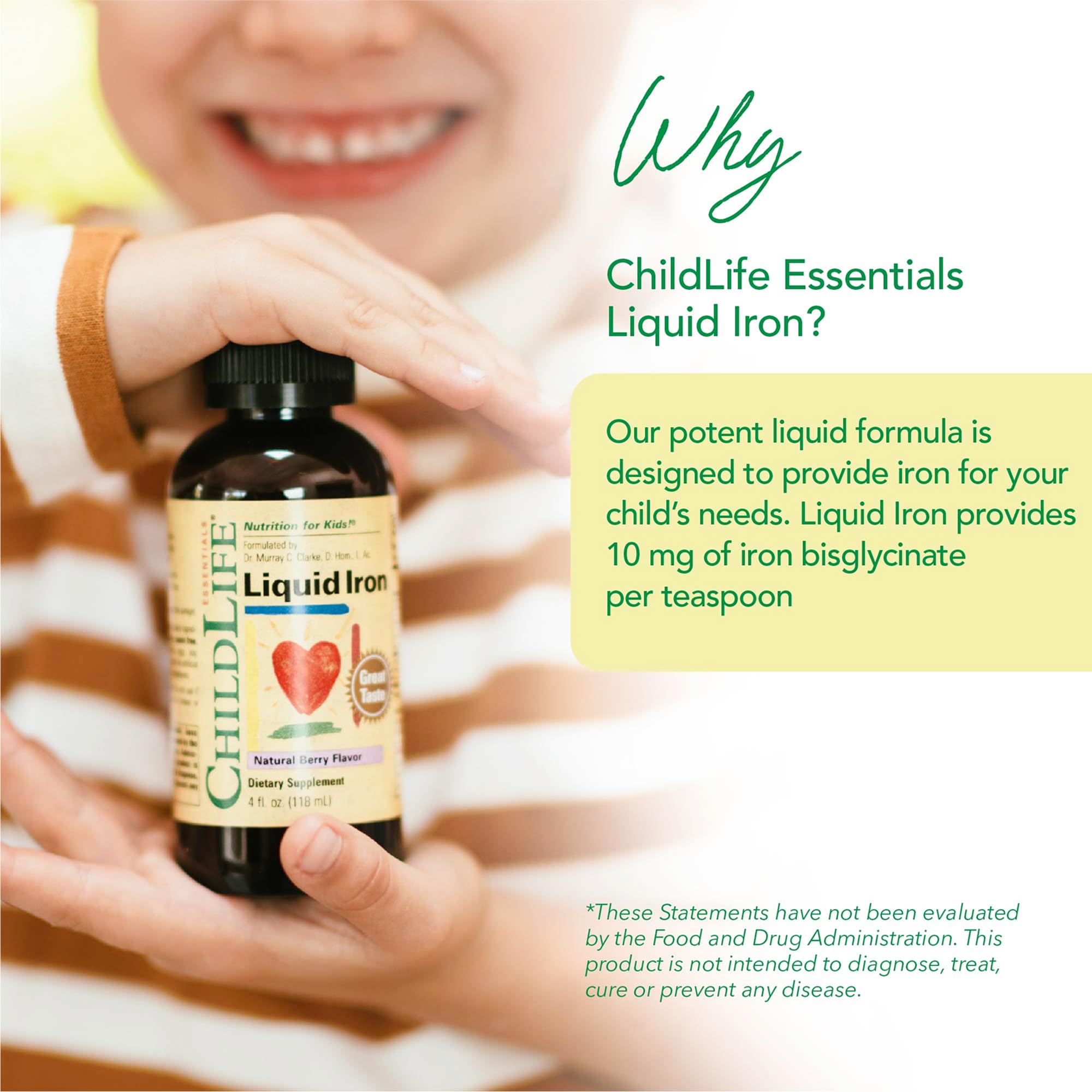 ChildLife Essentials Liquid Iron supplement for kids, providing 10 mg of iron bisglycinate per teaspoon