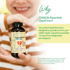 ChildLife Essentials Liquid Iron supplement for kids, providing 10 mg of iron bisglycinate per teaspoon