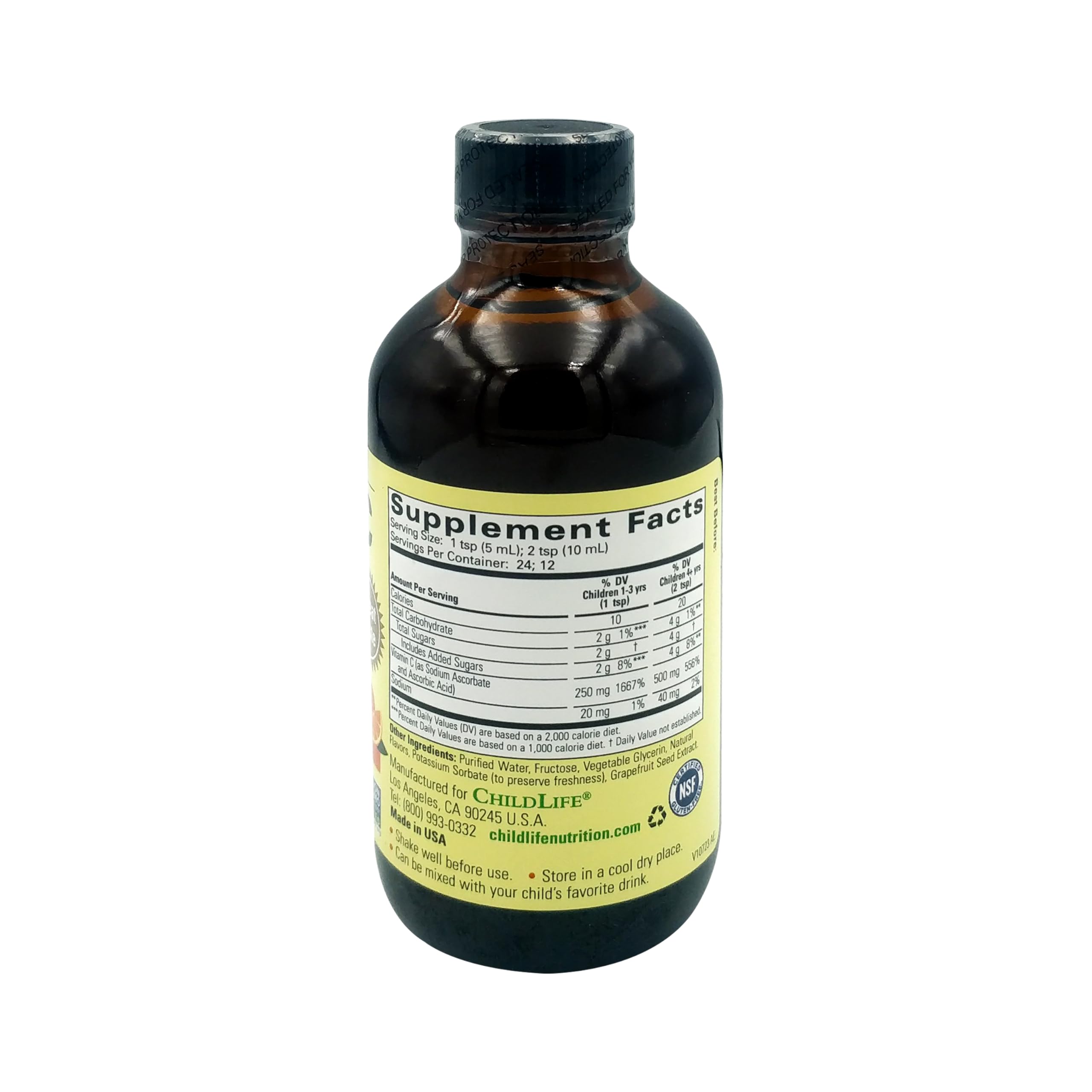 Child Life Liquid Vitamin C for kids in a 4 ounce bottle with Supplement Facts label