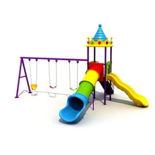 Children's playground set with blue tunnel slide, yellow wave slide, and swings