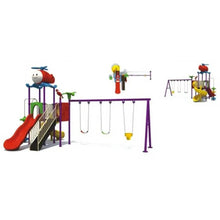 Children’s outdoor playground set with slide, rope ladder, helicopter roof, and swing frames