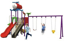 Children’s outdoor playground set with red slide, purple swings, and helicopter roof