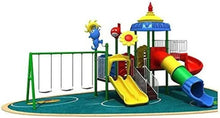 Children's outdoor playground set with tunnel slide, dual slides, and swings