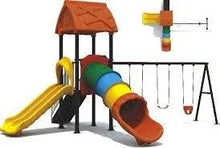 Children’s outdoor playground set with slide, tunnel, roof, and swing