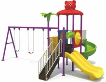 Children's outdoor playground with purple frame, yellow spiral slide, and hanging swings
