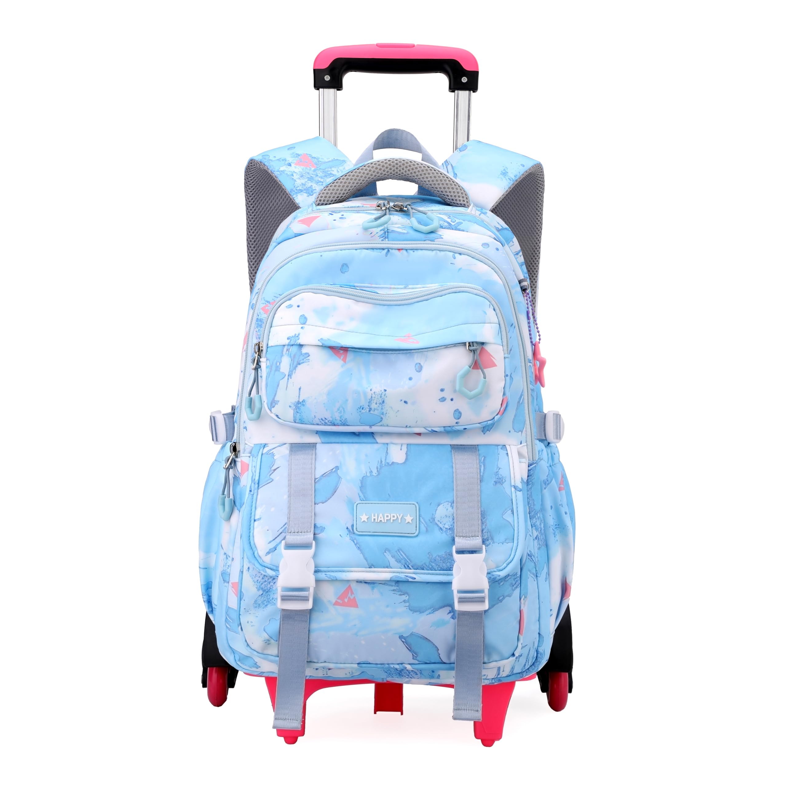 Children's rolling backpack blue with colorful design and sturdy wheels for easy travel