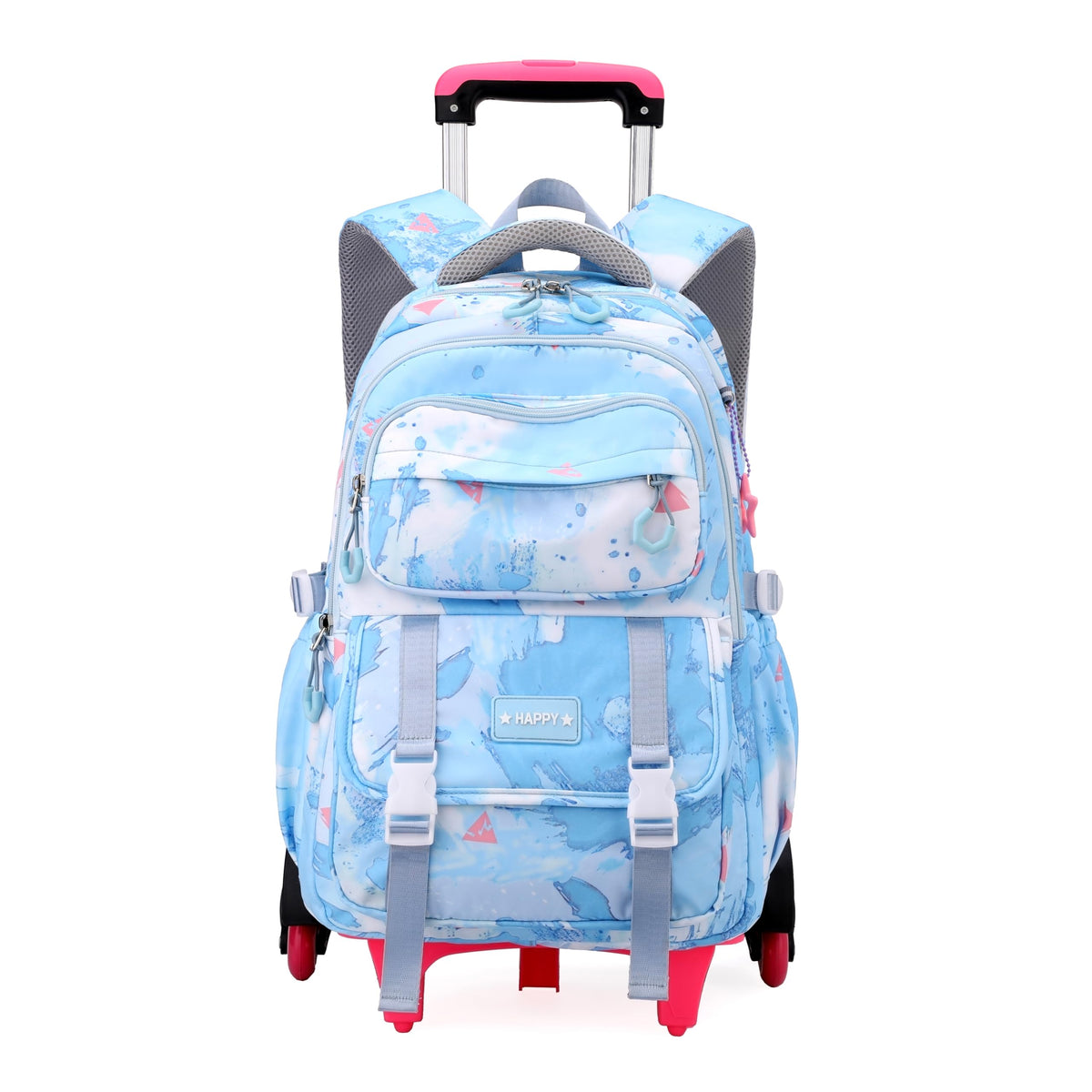 Children's rolling backpack blue with colorful design and sturdy wheels for easy travel