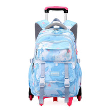 Children's blue watercolor rolling trolley backpack with front pockets and padded straps
