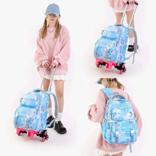 Blue watercolor rolling trolley backpack with padded straps and low-profile wheels