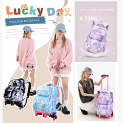 Lightweight children's rolling backpack blue with durable wheels and fun design for school use