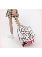 Children's rolling trolley backpack with gray brushstroke print, plush bunny and side wheels