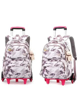 Children's rolling trolley backpack with gray brushstroke print and plush bunny, pink wheels