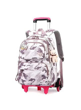 Children's rolling trolley backpack with gray brushstroke print, plush bunny and pink-accent wheels