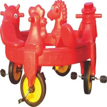 Red three-seat ride-on bike with three animal heads and yellow wheels