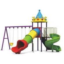 Children’s outdoor playground set with crown roof, spiral slide, tunnel slide, and swings