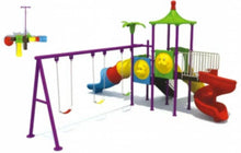 Children's outdoor playground set with purple frame, swing seats, spiral slide, and tunnel slide