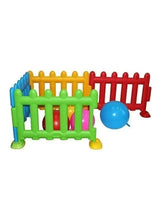Colorful interlocking play fence with open section and small blue ball accessory